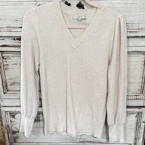 LOFT Cream Ribbed V-Neck Pullover with Subtle Puff Sleeves